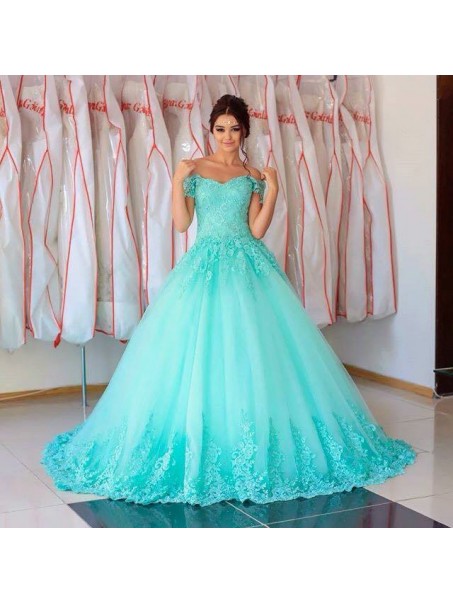 Ball Gown Blue Lace Off-the-Shoulder Long Prom Formal Evening Party Dresses 996021185