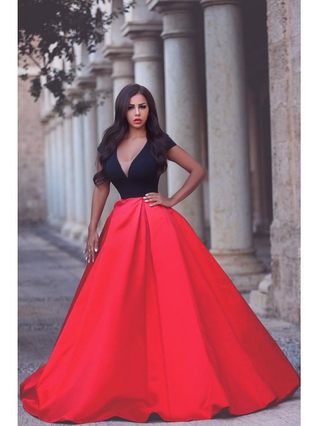 Cap Sleeves Black Red Long Prom Formal Evening Party Dresses 996021186