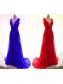 Long Blue Lace Chiffon V-Neck Prom Formal Evening Party Dresses 996021189