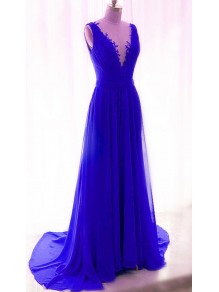 Long Blue Lace Chiffon V-Neck Prom Formal Evening Party Dresses 996021189