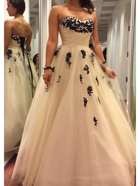 Beaded Black Lace Appliques Tulle Ball Gown Prom Formal Evening Party Dresses 996021193
