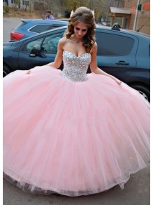 Beaded Sweetheart Long Pink Tulle Ball Gown Prom Formal Evening Party Dresses 996021197