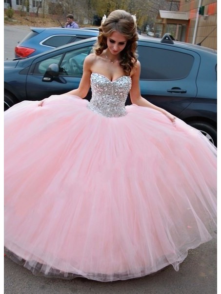 Beaded Sweetheart Long Pink Tulle Ball Gown Prom Formal Evening Party Dresses 996021197