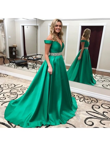 Beaded Long Green Off-the-Shoulder Prom Formal Evening Party Dresses 996021199