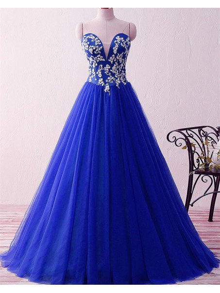 A-Line Long Blue Lace Appliques Prom Formal Evening Party Dresses 996021201