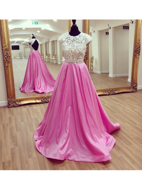 Long Pink Cap Sleeves Lace Prom Formal Evening Party Dresses 996021204