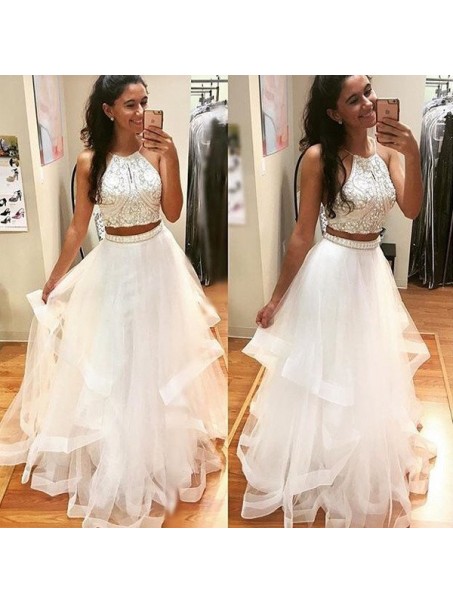 Beaded Two Pieces White Prom Formal Evening Party Dresses 996021211