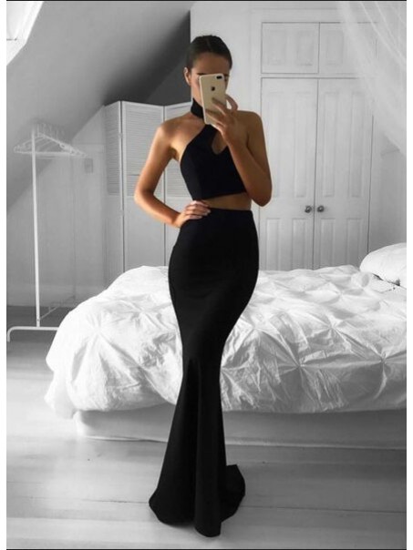 Halter Mermaid Long Black Two Pieces Prom Formal Evening Party Dresses 996021218