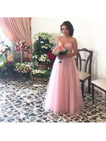 Long Pink Lace Tulle Spaghetti Straps Prom Formal Evening Party Dresses 996021255