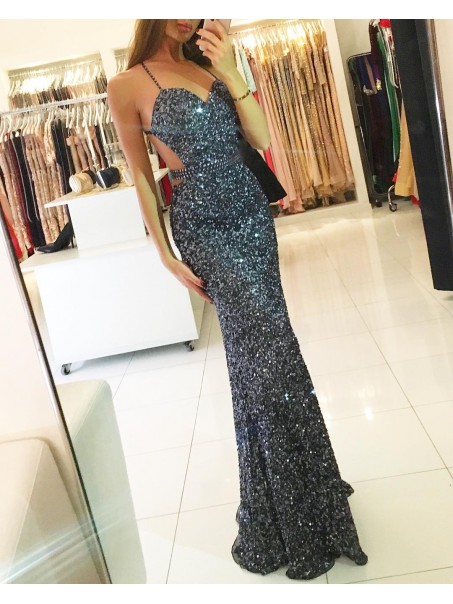 Sequins Spaghetti Straps Mermaid Long Prom Formal Evening Party Dresses 996021264