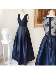Long Blue V-Neck Lace Prom Formal Evening Party Dresses 996021266