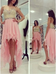 High Low Sweetheart Beaded Short Pink Chiffon Prom Evening Homecoming Cocktail Dresses 99602127