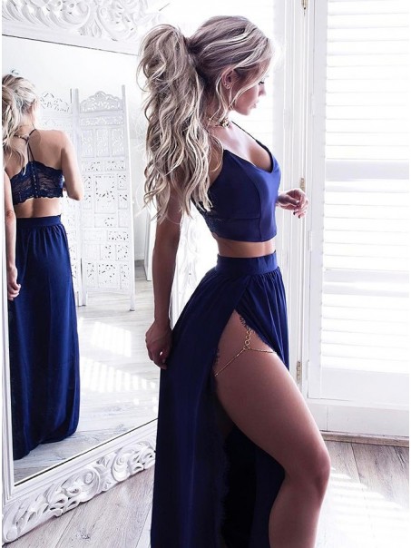 Long Blue Two Pieces Lace Prom Formal Evening Party Dresses 996021274