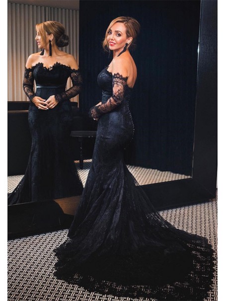 Mermaid Off-the-Shoulder Long Sleeves Lace Prom Formal Evening Party Dresses 996021283