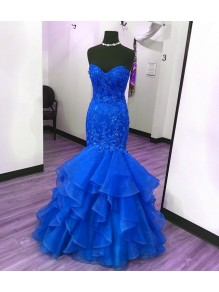 Mermaid Long Blue Lace Appliques Prom Formal Evening Party Dresses 996021284