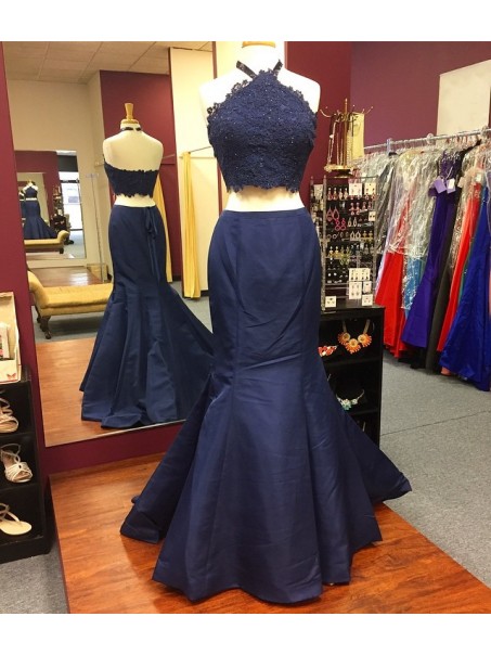 Mermaid Two Pieces Lace Navy Blue Prom Formal Evening Party Dresses 996021286