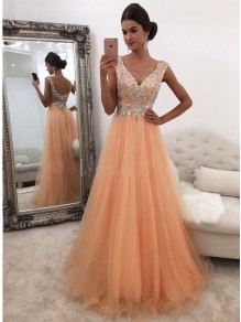 A-Line Beaded V-Neck Prom Formal Evening Party Dresses 996021307