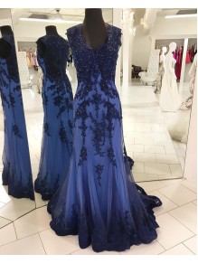 Mermaid Long Blue Beaded Lace Prom Formal Evening Party Dresses 996021313