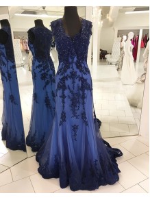 Mermaid Long Blue Beaded Lace Prom Formal Evening Party Dresses 996021313