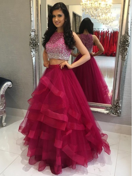 Two Pieces Beaded Tulle Ball Gown Prom Formal Evening Party Dresses 996021321
