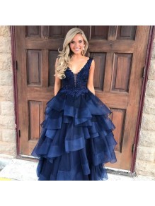 Long Navy Blue Lace V-Neck Prom Formal Evening Party Dresses 996021322