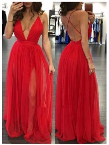 Sexy Deep V-Neck Spaghetti Straps Long Red Prom Formal Evening Party Dresses 996021334