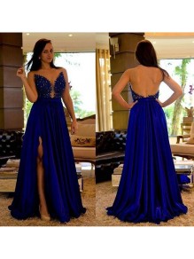 Sexy Long Blue Beaded Lace Prom Formal Evening Party Dresses 996021336