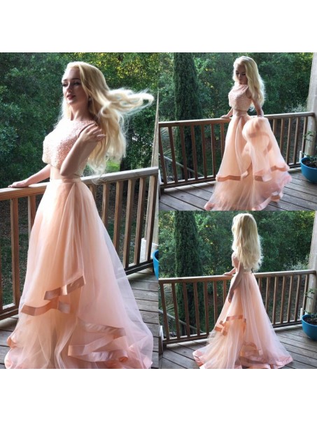 Long Pink Beaded Two Pieces Prom Formal Evening Party Dresses 996021346