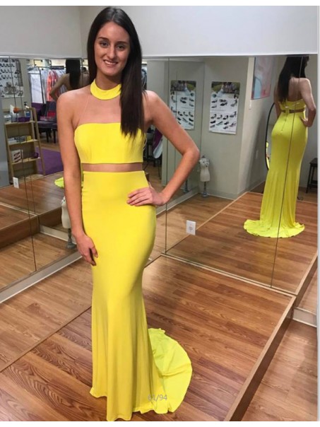 Long Yellow Mermaid Two Pieces Prom Formal Evening Party Dresses 996021348