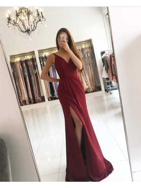 Burgundy Long V-Neck Prom Formal Evening Party Dresses with Slit 996021349