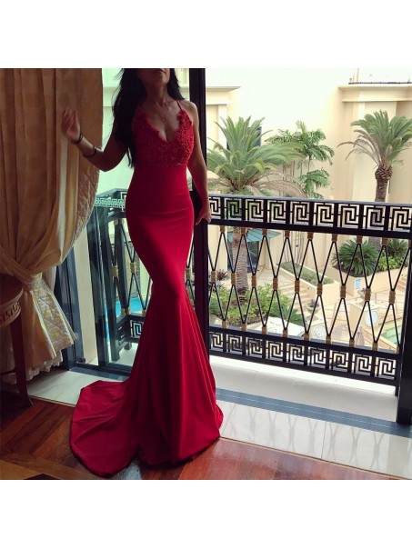 Long Red Mermaid V-Neck Lace Prom Formal Evening Party Dresses 996021360
