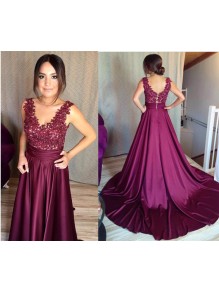 Long Purple Lace V-Neck Prom Formal Evening Party Dresses 996021362