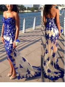 Long Blue Sweetheart Lace Appliques Prom Formal Evening Party Dresses 996021367