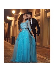 Long Blue 3/4 Length Sleeves Lace Prom Formal Evening Party Dresses 996021371 Long Blue 3/4 Length Sleeves Lace Prom Formal Evening Party Dresses 996021371