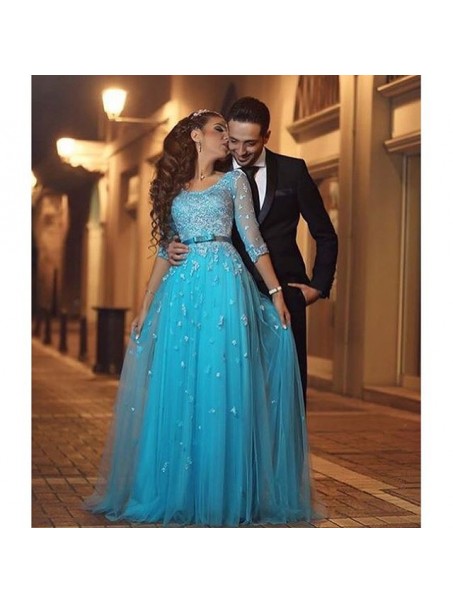 Long Blue 3/4 Length Sleeves Lace Prom Formal Evening Party Dresses 996021371