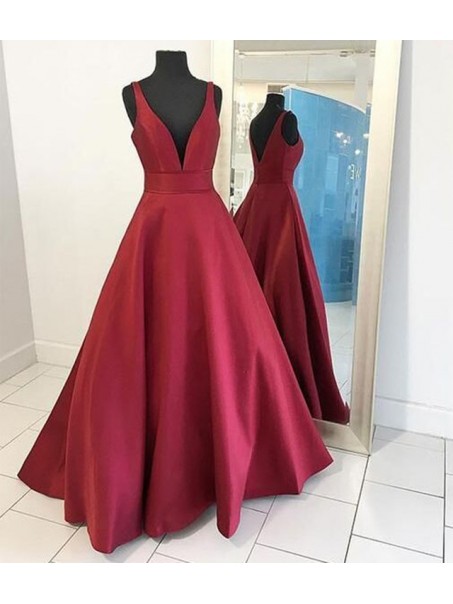 A-Line Burgundy V-Neck Long Prom Formal Evening Party Dresses 996021375