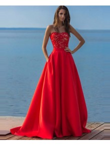 Long Red Lace Strapless Prom Formal Evening Party Dresses 996021384 Long Red Lace Strapless Prom Formal Evening Party Dresses 996021384