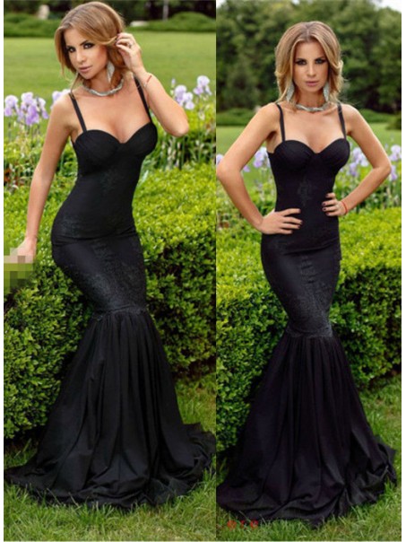 Mermaid Long Black Spaghetti Straps Lace Prom Formal Evening Party Dresses 996021385