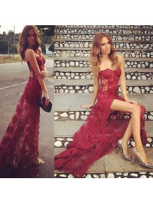 Sexy Lace Long Burgundy Prom Formal Evening Party Dresses with Slit 996021398