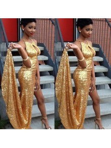 Sexy Gold Sequins Long Prom Formal Evening Party Dresses with High Slit 996021404