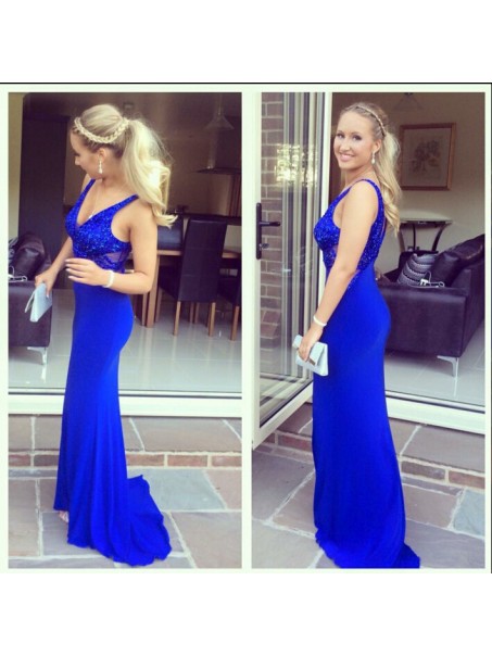 Long Blue Beaded Mermaid Prom Formal Evening Party Dresses 996021409