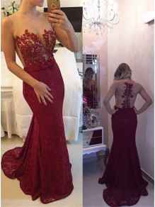 Sexy Mermaid Red Lace Long See Through Prom Evening Formal Dresses 99602141