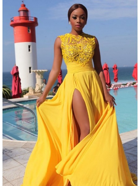 Long Yellow Chiffon Prom Formal Evening Party Dresses 996021414