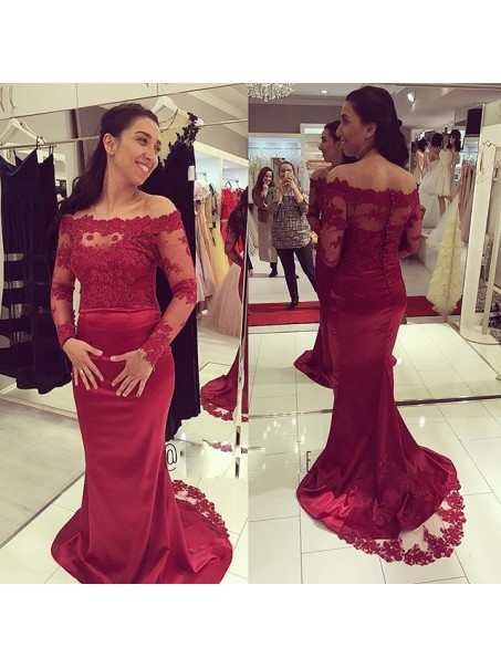 Mermaid Long Sleeves Lace Burgundy Prom Formal Evening Party Dresses 996021417