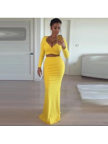Two Pieces Yellow Long Sleeves Prom Formal Evening Party Dresses 996021418