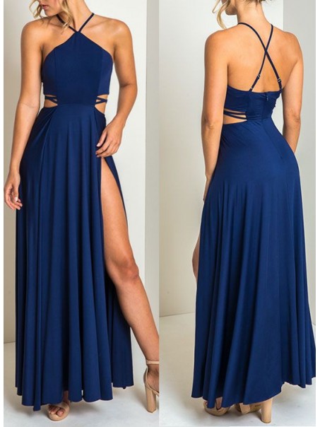 Long Blue Spaghetti Straps Chiffon Prom Formal Evening Party Dresses 996021419