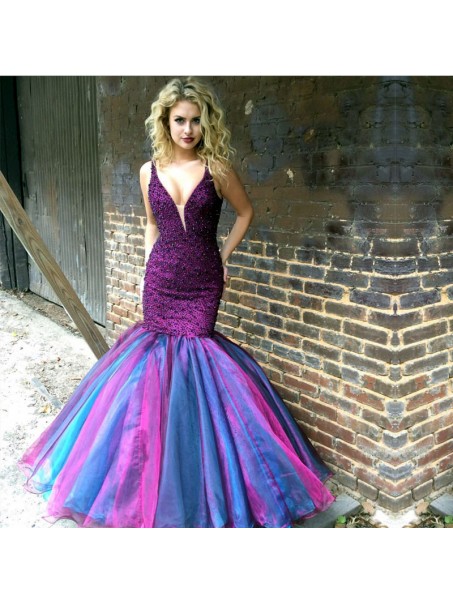 Long Purple Beaded V-Neck Prom Formal Evening Party Dresses 996021425