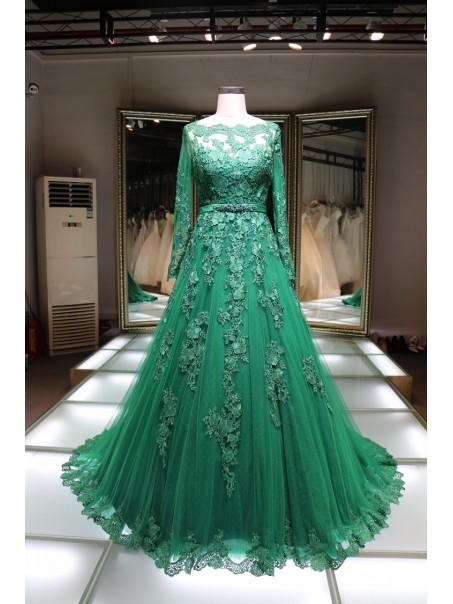 A-Line Long Sleeves Green Lace Prom Formal Evening Party Dresses 996021429