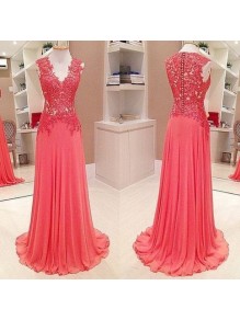 Long V-Neck Chiffon Lace Prom Formal Evening Party Dresses 996021434