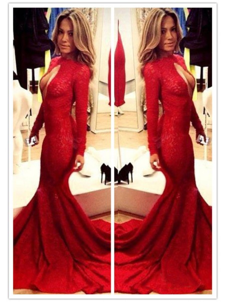 Red Mermaid Lace Long Sexy High Neck Prom Evening Formal Dresses 99602144